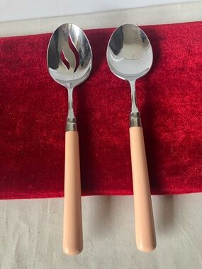 Stanley Roberts Lot TWO Spoons Slotted Standard Peach Plastic Handle Flatware